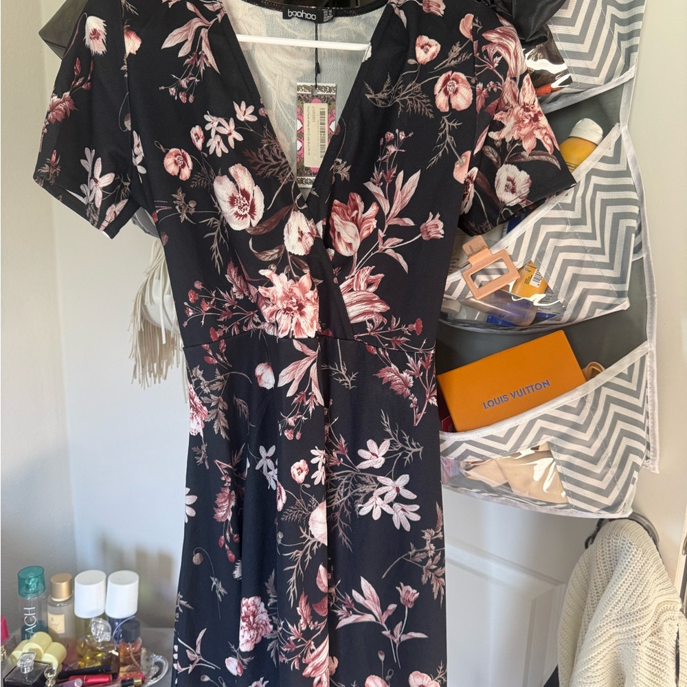 H&M Black and Pink Floral Midi Dress
